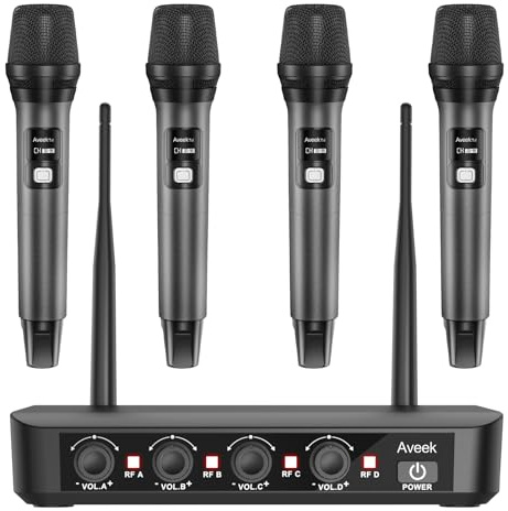 Aveek Sistema Microfonico Wireless 4 Pezzi,80m Lunga Portata Bassa Latenza | Batteria 40H,Segnale Stabile Suono Vocale Chiaro, Microfoni Dinamici a Mano per Karaoke, Canto, Chiesa, Boda, Palco, Eventi
