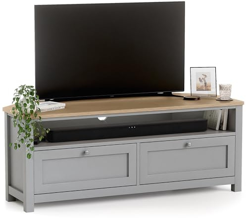 CHRISTOW Corner TV Unit with Storage & Oak-Effect Top, Modern Television Stand with 2 Drawers & Open Shelf, Space-Saving MDF Media Cabinet for Living Room, Matte Painted – Grey, H45 x W115 x D45cm