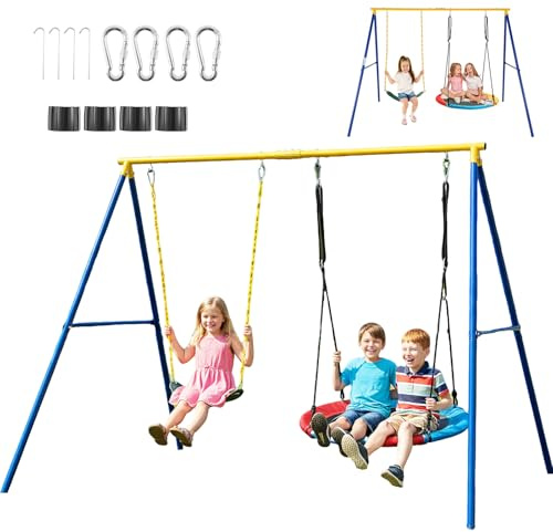 RELAX4LIFE Kit Balançoire Extérieur Charge 300 KG, Portique Balançoire Enfant en Forme A avec 1 Nacelle, 1 Siège, 4 Piquets de Terre, 4 Mousqueton pour Arrière-Cour Aire de Jeux, Enfants 3 Ans+