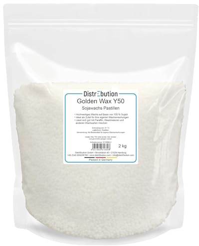 DistrEbution Golden Wax Y50 Sojawachs Pastillen - 2kg Rohwachs für Wachsmischungen, Veganes Kerzenwachs Pellets für Kerzenherstellung