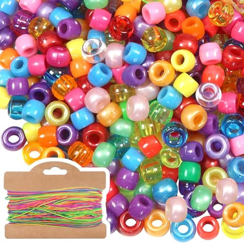 TOAOB 500 Stück Bunte Pony Perlen zum Auffädeln 9mm Großes Loch Fädelperlen Transparent Acryl Pony Beads Bastelperlen mit 30 m Elastisch Schnur für Schmuck Armbänder Halsketten DIY Basteln