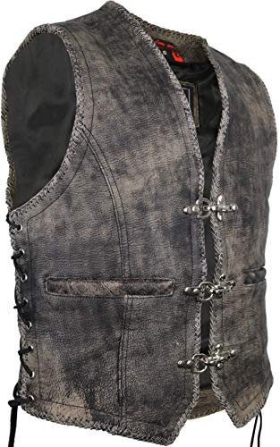 MDM Gilet in pelle per motociclisti, stile retrò, Vintage grigio in look usato., L