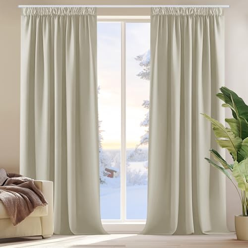 Deconovo Blickdichte Gardine mit Kräuselband Vorhang Kinderzimmer Gardine dicke Thermogardine Kälteschutz warm Hitzeschutz, 214x132cm(HöhexBreite), Creme, 2er Set