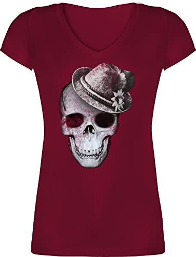 T-Shirt Damen V Ausschnitt - Kompatibel Oktoberfest - Totenkopf mit Filzhut - 3XL - Bordeauxrot - mädchen trachtenshirt Trachten-Tshirt bayrische Skull Tshirt Shirt trachtenshirts bayrisch