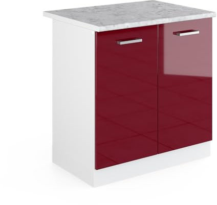 Vicco Meuble Bas sous-évier R-Line, Rouge Bordeaux Haute Brillance/Blanc, 80 cm, PT Marbre