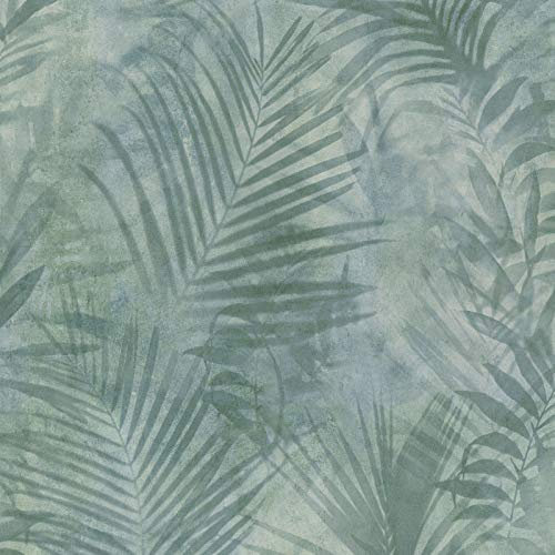 Wasserfarben Tapete mit Palmenblättern | Exotische Tapete mit Farn Design | Grüne Vliestapete fin Aquarell Optik für Schlafzimmer
