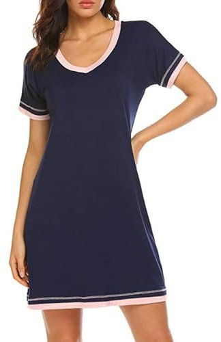 FANSU Chemise de Nuit Femme Manche Courte Sexy Pyjamas Élégant Robe de Nuit Col en V en Simple T Shirt Vêtement de Nuit Couleur Unie Grande Taille (M,Bleu Marin)