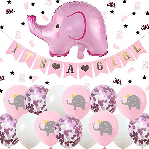 ENSTAB Babyparty Deko Mädchen It's A Girl Girlande Elefant Luftballons Rosa mit It's A Girl Konfetti für Taufe Deko Mädchen Baby Geburtstag Dekoration