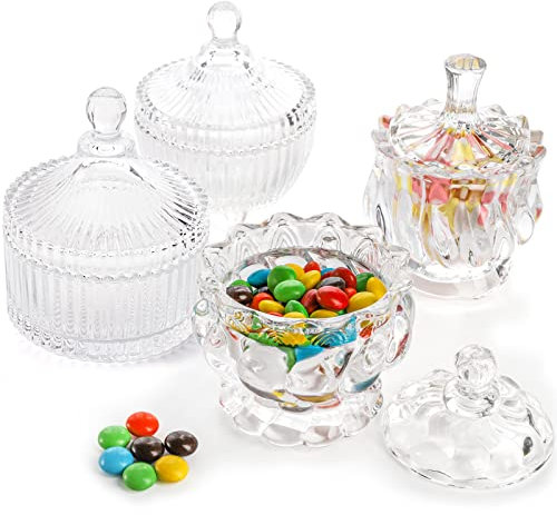 YOUEON 4er Set Glas Bonbonglas Mit Deckel, Kristall Dekorative Schale, Keksdose, Schmuckdose, Kleine Glasgefäße für Bonbon Buffet, Küche, Haus, Bürotisch
