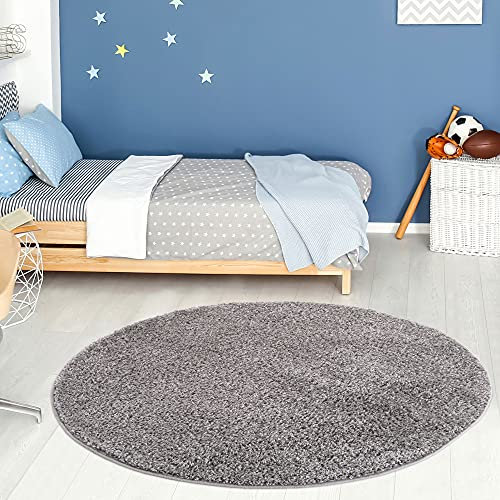 THE RUGS Living Room Rug - Shaggy Soft And Elegant Carpets For The Bedrooms And Kitchen, Easy To Clean, Many Different Sizes (120 cm Round, Grey)