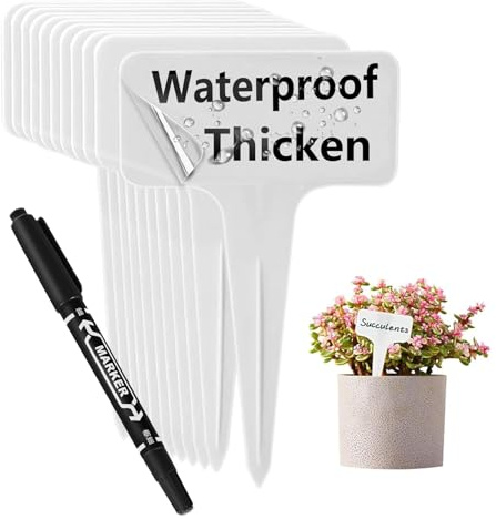 DaTpuik 100 PCS White Plastic Plant Tags Thick Gardens Labels T-Type Nursery Markers Re-Usable