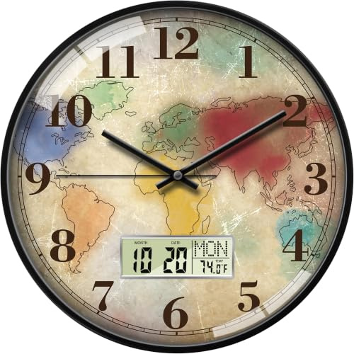 SCOAGE Vintage World Map Wall Clock, 12 Inch Analog and Digital Wall Clock