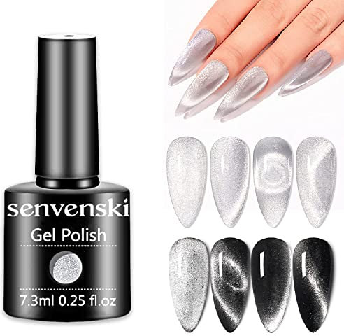 Senvenski Silver Cat Eye Gel Nail Polish Kit - Crystal Holographic Magnetic Reflective Glitter Colours with Shimmery Finish | Vegan UV/LED Nail Art Kit Gift for Women Manicure Salon DIY(MY1-001)