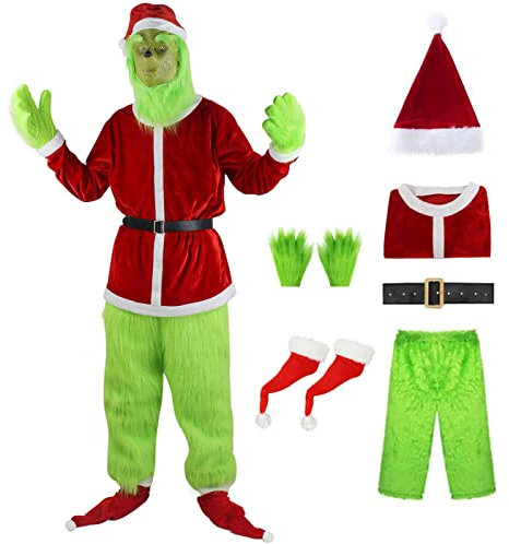 YEAJION Grinch Kostüm mit Mask Zubehör Weihnachten Grinch Cosplay Kostüm Anime Cosplay Outfit Halloween Karneval Party Bühnenauftritt Kostüm für Erwachsene