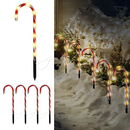 Cepewa Lichterkette 5Zuckerstangen | Timerfunktion 8 Leds H50cm rot weiß | Leuchtstangen mit Erdspieß batteriebetrieben (1 x Licherkette 5 Zuckerstangen)
