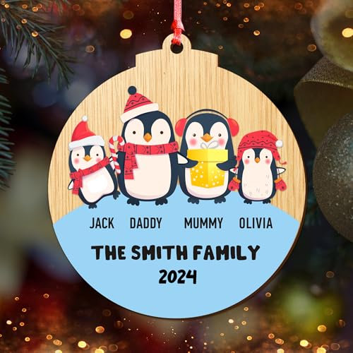 Personalised Christmas Baubles 2024 Christmas Tree Decoration Gift Xmas Tree Wooden Family Bauble Christmas Hanging Ornament Festive Xmas Present (Round Family of 4)
