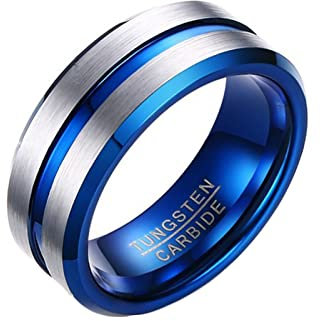 Lieson Wolfram Ringe Eheringe Silber Blau, Verlobungsring Herren Gebürstet 8MM Rund Mit Linie Ring Mit Gravur Personalisiert Gr.60 (19.1)