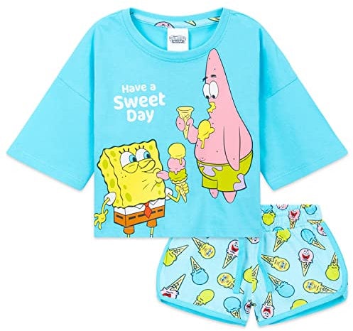 SPONGEBOB SQUAREPANTS Pyjama Kinder Teenager Weiche Mädchen Schlafanzug Kurz Sommer Lounge Set Geschenk für Mädchen (4-5 Jahre, Blau Cropped)