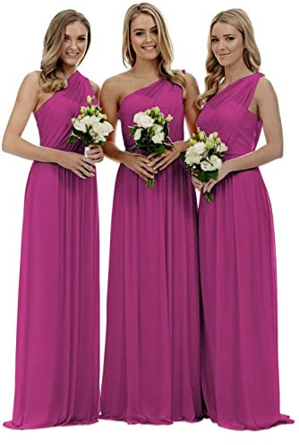 KURFACE Abito da damigella d'onore da donna monospalla senza maniche lungo in chiffon formale abito da sera, Fucsia, 46
