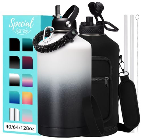 Botella de agua de 1 galón aislada – jarra de agua de 128 onzas con tapa de boquilla de pajita, asa de paracaídas, bolsa de transporte, alfombrilla protectora, botellas de agua grandes de acero