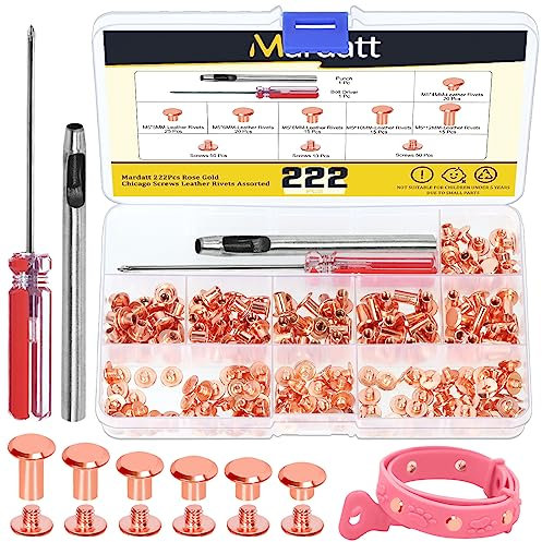 Mardatt Kit di 222 viti Chicago assortite in 6 misure, con strumenti di regolazione, M5 x 4/5/6/8/10/12 mm, rivetti per pelle, rivetti M5 Chicago, per riparazioni fai da te in pelle (oro rosa)