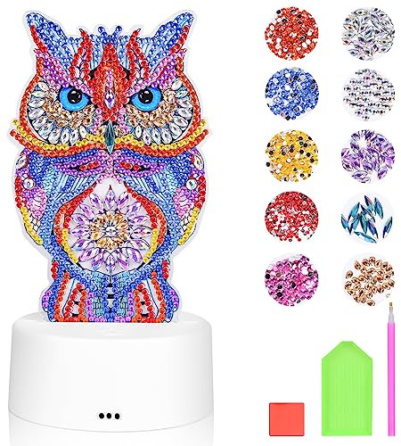 Herefun Diamond Painting Nachtlicht Eule, Diamond Painting Bastelset Geschenk für Mädchen 6-12 Jahre, 5D Nachtlicht Deko, DIY Diamond Painting Eule, LED Diamand Painting Lampe
