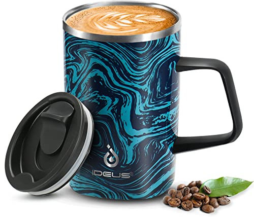 Ideus Vacuum Insulated Coffee Mug, 16oz Reusable Stainless Steel Thermal Double Walled Cup with Handle and Slider Lid for Hot & Cold Beverages, BPA Free (Blue Zebra)