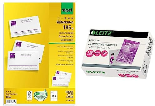 SIGEL DP830 bedruckbare Visitenkarten hochweiß, 150 Stück, 185 g, 85x55 mm & Leitz Heißlaminierfolien 125 mic 60 x 90 mm, Laminieren von Visitenkarten, Hochwertige Laminierfolien im 100er Pack