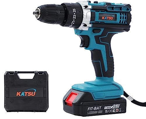 KATSU FIT-BAT 18V Cordless Drill Driver with 1.5Ah Battery and Charger, 10mm Keyless Chuck, 2 Gear Speed and LED Light, Ideal for Home DIY Tasks (Budget)