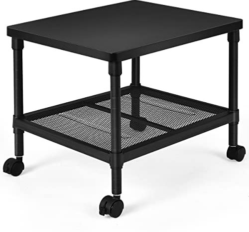 SFAREST Under-Desk Printer Stand, 2-Tier Height Adjustable Rolling Utility Cart with Lockable Wheels, Space Saving Mobile Printer Shelf for Home Office