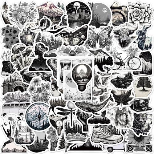 RGBEE Reisen Aufkleber 60 Stücke, Wasserfeste Schwarz und Weiß Sticker Graffiti Wandern Aufkleber für Koffer Laptop MacBook Helm Motorrad Skateboard Auto Fahrrad Tumblr Outdoor Sticker