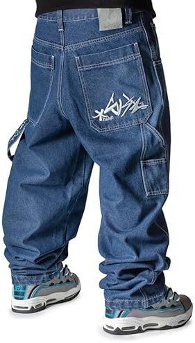 The blueskin Jeans Baggy Uomo Pantaloni Larghi per Uomo e Ragazzo Stile Skate Rap Baggy Hip Hop Nero Used Stone Wash Scuro