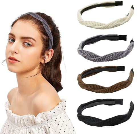 Goiern 4 Stück Stirnbänder für Damen und Mädchen, geflochtenes gestricktes Haarband, modisches, rutschfestes Stirnband, einfarbig, Haarschmuck