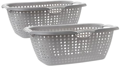 Wäschekorb 2er Set, 28 Liter - Wäschewanne Groß mit ergonomischen Griffen, Robuster Wäschekorb Plastik, 60 x 40 x 24 cm, Grau, Made in EU