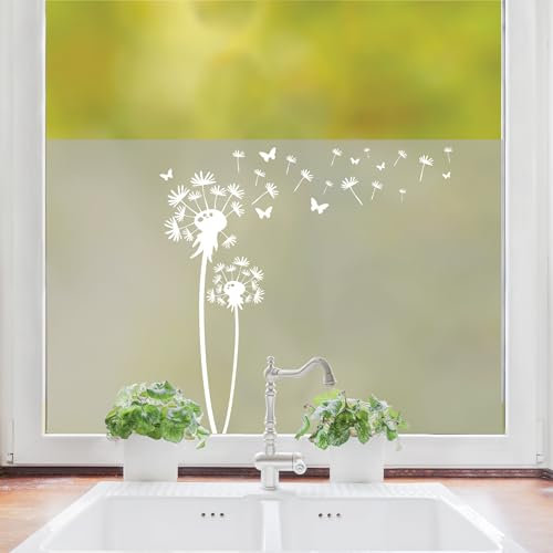 Sichtschutzfolie Fenster Küche Pusteblume mit Schmetterlingen Fensterfolie Fensterdeko Milchglasfolie, 55 cm hoch, 90 cm breit