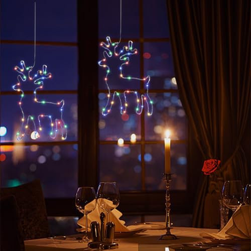 Beleuchtet Rentier Weihnachtsdeko, 2 Stück 80 LED Bunt Fenster Beleuchtung Lichterketten, 8 Modi Mit Timer Batterie Leuchte Deko Hängen Weihnachtsbeleuchtung Halloween, Vorhang, Balkon, Hochzeit