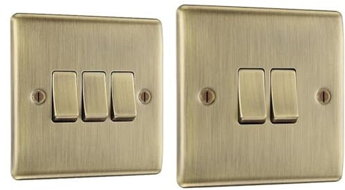 British General BG Electrical Triple Light Switch, Antique Brass, 2-Way, 16AX & BG Electrical nab42 Double Light Switch, Antique Brass, 2-Way, 20A,16AX, 2 Way