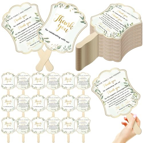 DoubleFill 50 Pcs Hand Held Wedding Fans for Guests Wedding Hand Fan Bulk Green Leaf Paper Fans for Wedding Thank You Handheld Wedding Favors Fans with Wooden Handle for Ceremony Bridal Shower Party