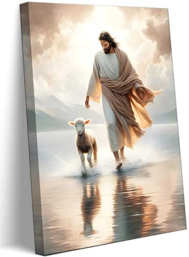 Kunstdruck auf Leinwand, Jesus geht auf Wasser, Motiv: Christus rettet das verlorene Lamm Gemälde, Wanddekoration, christliches Poster, Druck, Follow Me Kunstwerk, Bild-Dekoration für Wohnzimmer,