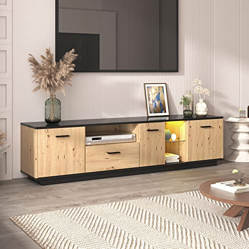 Rtopsu TV-Schrank 180 cm Länge, Fernsehtisch Lowboard mit LED-Licht für Fernseher bis zu 80 Zoll, TV Lowboard Fernsehschrank mit 3 Türen und Stauraum Schubladen für Wohnzimmer Schlafzimmer, Natur