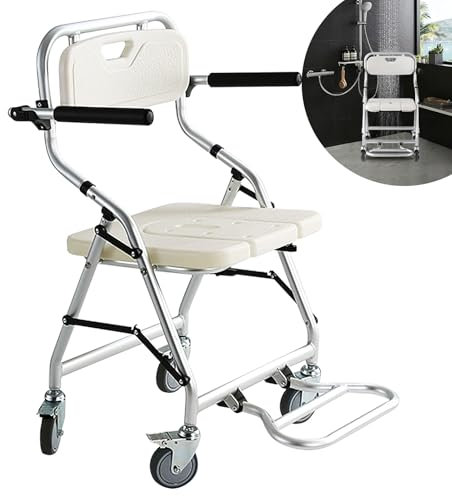 Aocay Sedie per Doccia Anziani e Disabili Pieghevole, Professionale Sedia a Rotelle per Doccia, Sgabello Doccia con Braccioli e Poggiapiedi - Robusto e Durevole - Impermeabile e Antiruggine