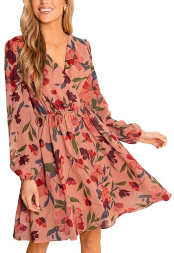 CUPSHE Damen Kleid V Ausschnitt Wickeloptik Transparente Lange Ärmel Blumenmuster Freizeitkleider Wrap Mini Dress Staubige Rose XS