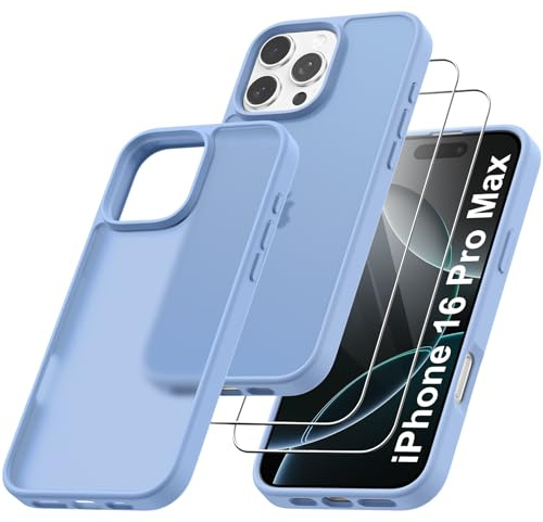 Qasyfanc Matt Handyhülle Kompatibel mit iPhone 16 Pro Max, Hülle mit Kameraschutz und 2 Stück Schutzfolie, Hard PC Nie Vergilbung Case Militärschutz Kratzfest rutschfest Schutzhülle, Hellblau