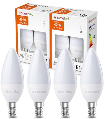 ehomeled E14 LED Kerzenlampe Warmweiß (3000K), 470 Lumen 3,4W (=40W), Energiesparende LED Glühbirne, Ideal für Kronleuchter, 4er-Pack