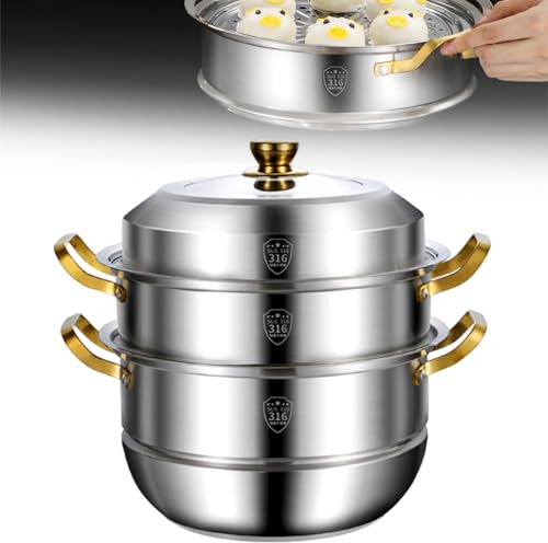 POCDOKYZ 3-lagiger Dampfgarer aus Edelstahl, Hot Pot für Zuhause, 2 Dampfbleche aus Edelstahl + Dampftuch + Klammern, Kompatibel mit Gasherd, Induktionsherd, Elektroherd,28cm