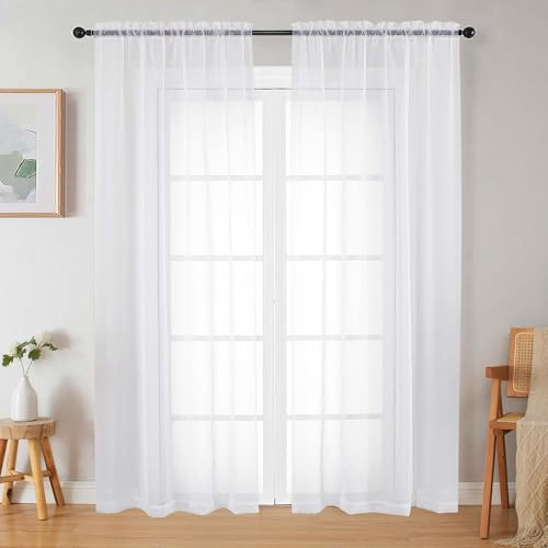 WelvetBLK White Sheer Curtains 84 Inches Long 2 Panels Set for Bedroom Living Room, Soft Airy Light Filtering Modern Solid Rod Pocket Drapes Window Treatments, White, Each 42 W x 84 L