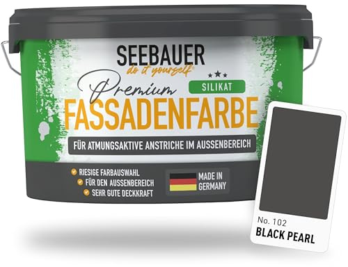 SEEBAUER diy Silikat-Fassadenfarbe Schwarz 10L für Außen (No. 102 Black Pearl) Atmungsaktive Mineralfarbe für Fassaden - Geeignet für Putz, Mauerwerk und Beton