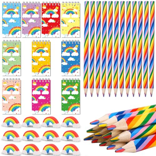 Rdlobu 34 Stück Regenbogenstift Set, Rainbow Pencils für Kunst Zeichnung | 12 Regenbogenstift Kinder, 12 Regenbogen Radiergummi, 10 Regenbogen Notizbuch für Kindergeburtstag Gastgeschenke