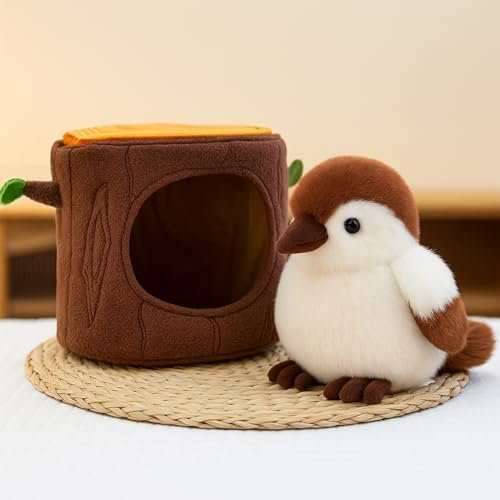 Vogel Kuscheltier, Pelzige Vogel-Plüschpuppe, Flauschiges Stofftier zum Kuscheln und Spielen, Stuffed Animal, Geschenk für Mädchen und Jungen (12 cm Spatz mit Loch)