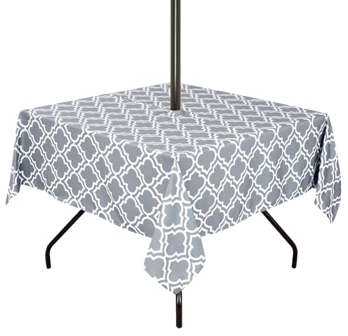 3E Home Grey Outdoor Tablecloth,Table Cloth with Parasol Hole 60 x 60 Inches,Square Spillproof Table Covers for Patio, Poolside, Outdoor Gatherings